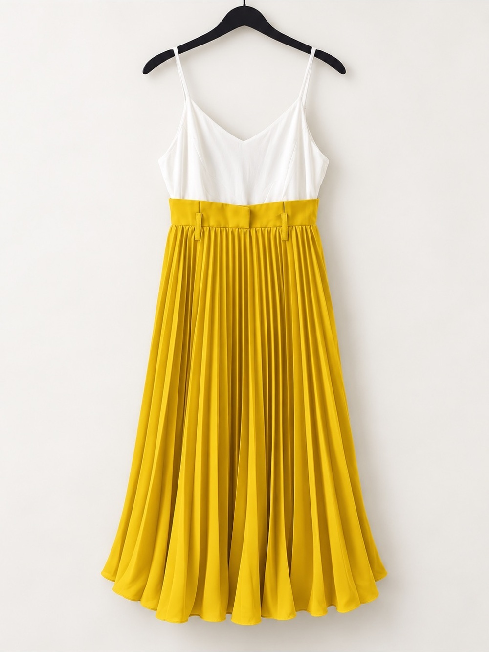 AKIRA White & Mustard Yellow Pleated Midi Dress Spaghetti Strap Colorblock